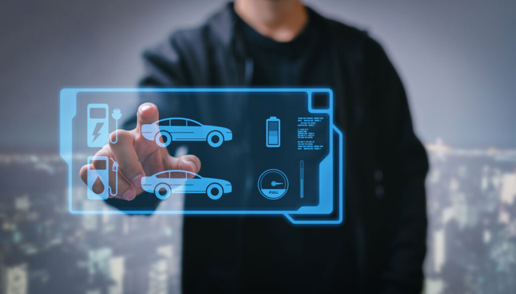 Choosing an electric vehicle. electric vs gasoline car choice. pointing at symbol on charging machine.
