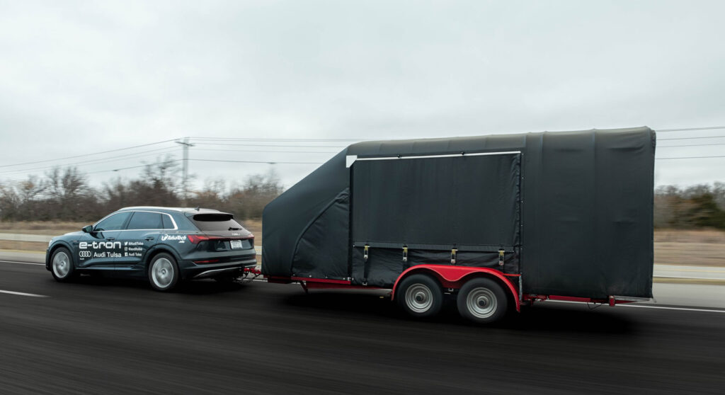 Audi e-tron SUV towed the first modern EV more than 500 miles from Tulsa Tech in Tulsa, Oklahoma, to Austin, Texas, for "Fully Charged LIVE"